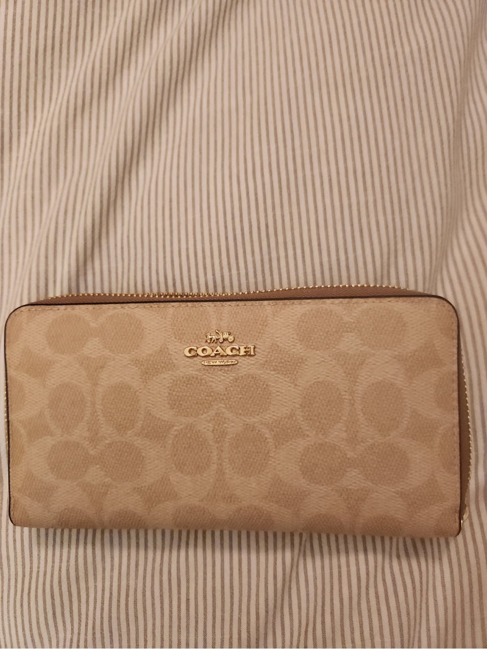 Coach Tan Signature Zip-Around Wallet with Gold Logo